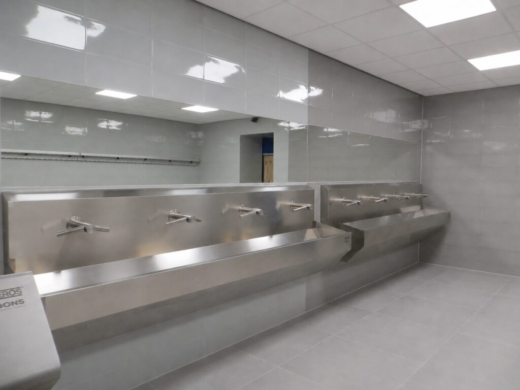 Sanitairinstallatie met rvs wastafels en spiegels in nieuw gebouw.