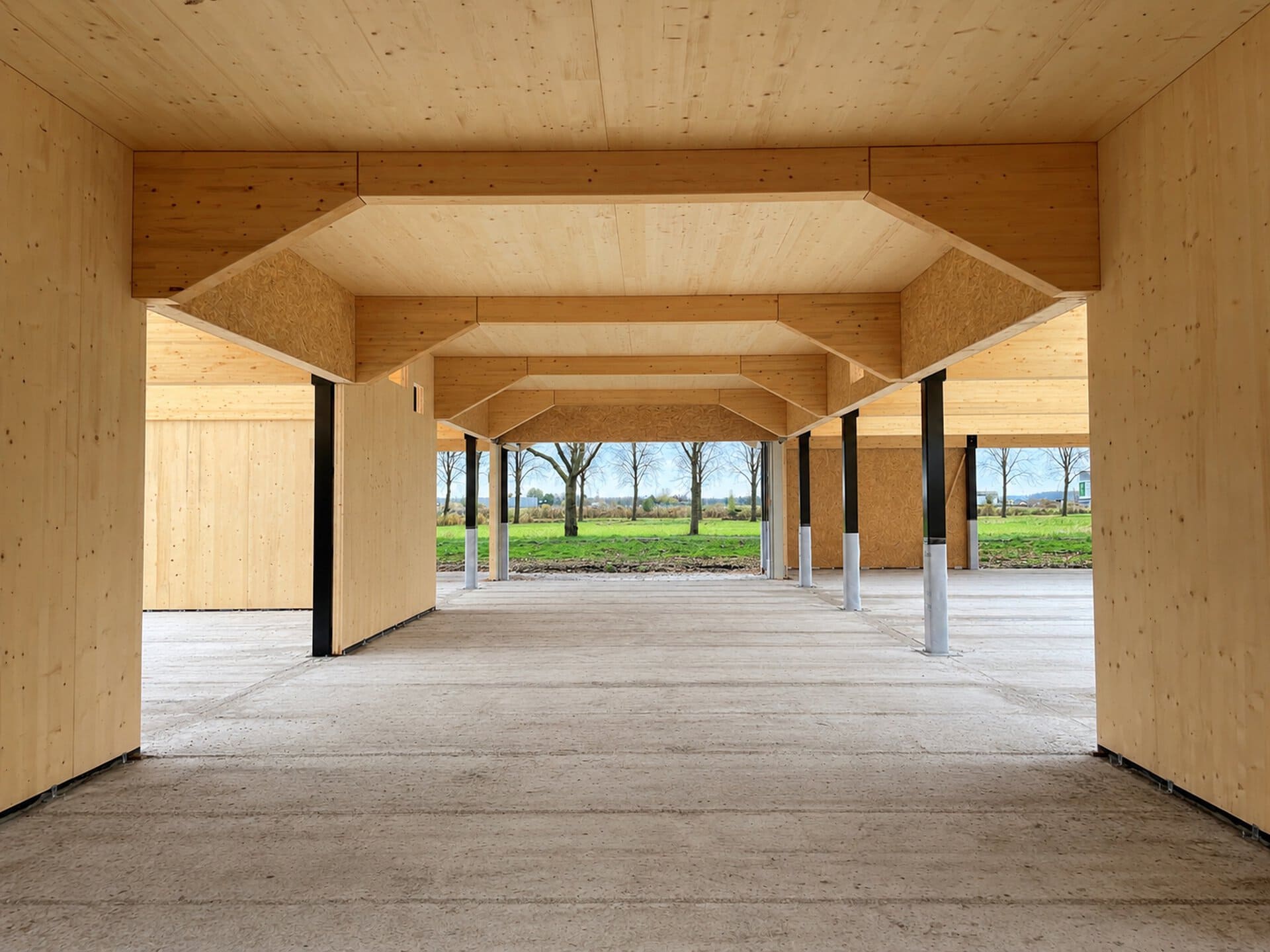 Constructie houten hal onderbouw met betonnen palen en open zijruimtes.